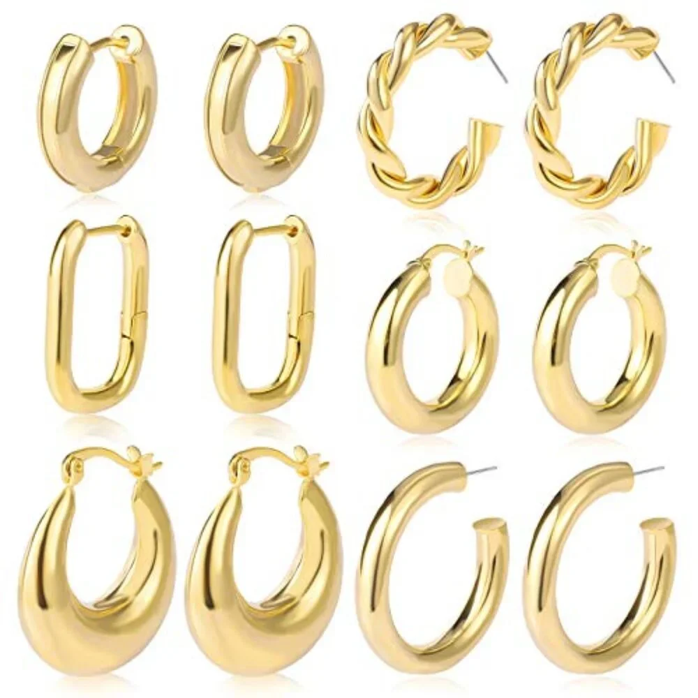 6 Pairs Chunky Gold Hoop Earrings Set for‎ Women